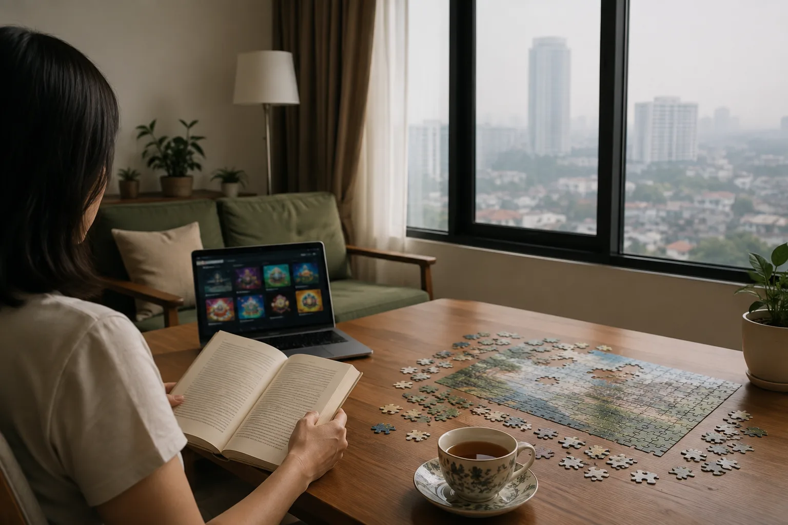 Adult enjoying reading, a puzzle and online entertainment indoors during hazy weather