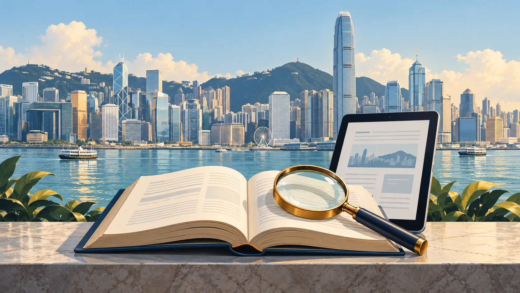 Illustration of Hong Kong’s Victoria Harbour skyline with an open reference book, tablet and magnifying glass.