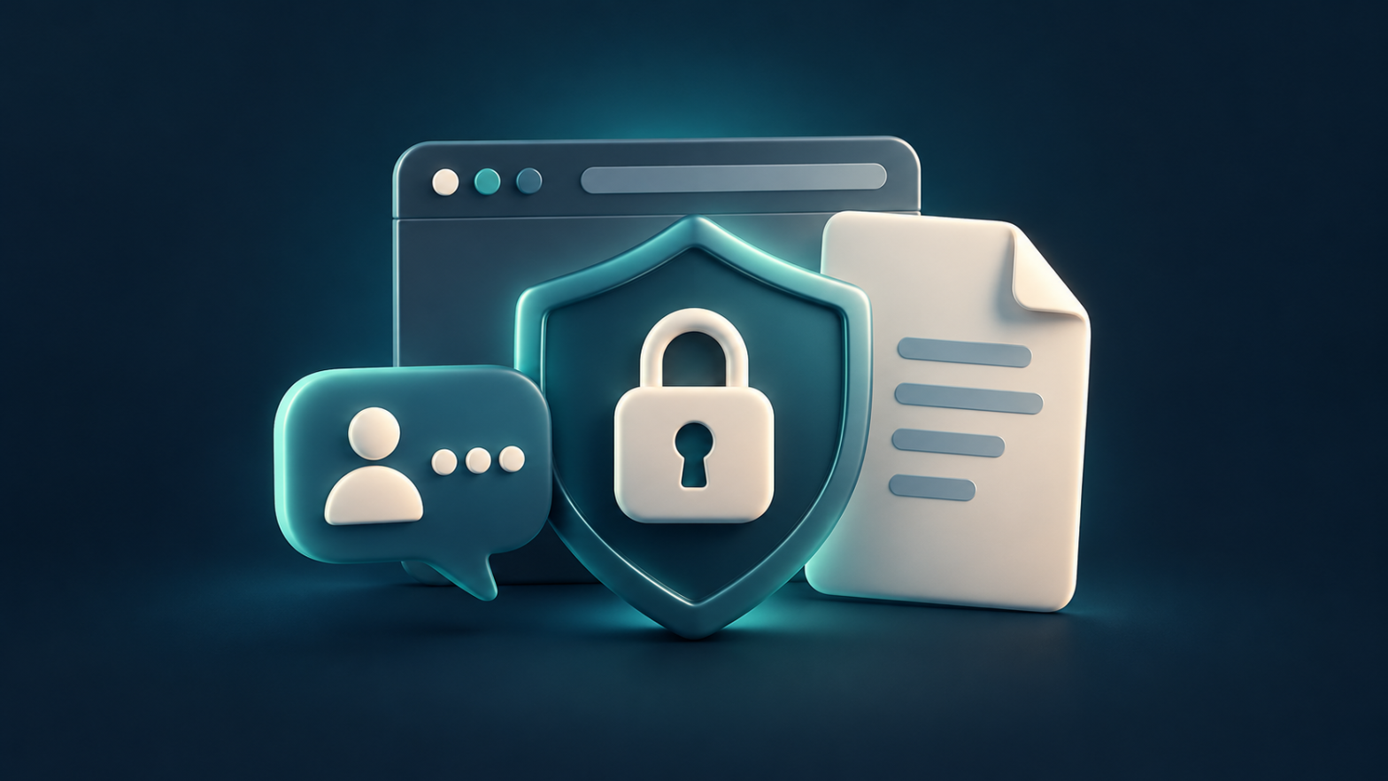 A teal shield and padlock in front of a browser window, beside a document and support chat bubble.