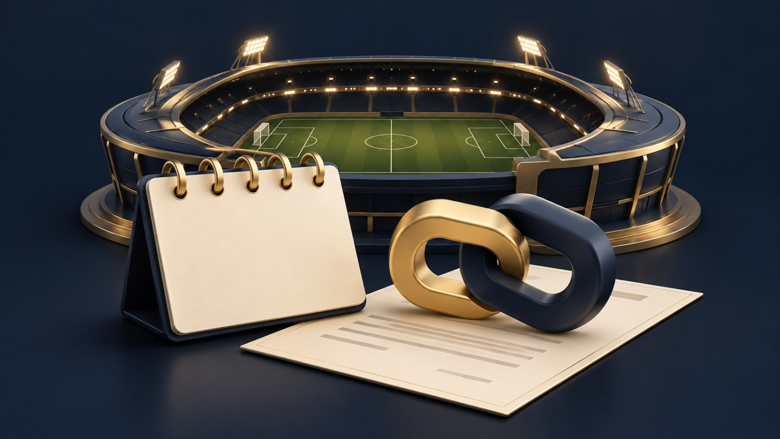 A football stadium behind a blank calendar and interlocking navy and gold partnership links on a document.